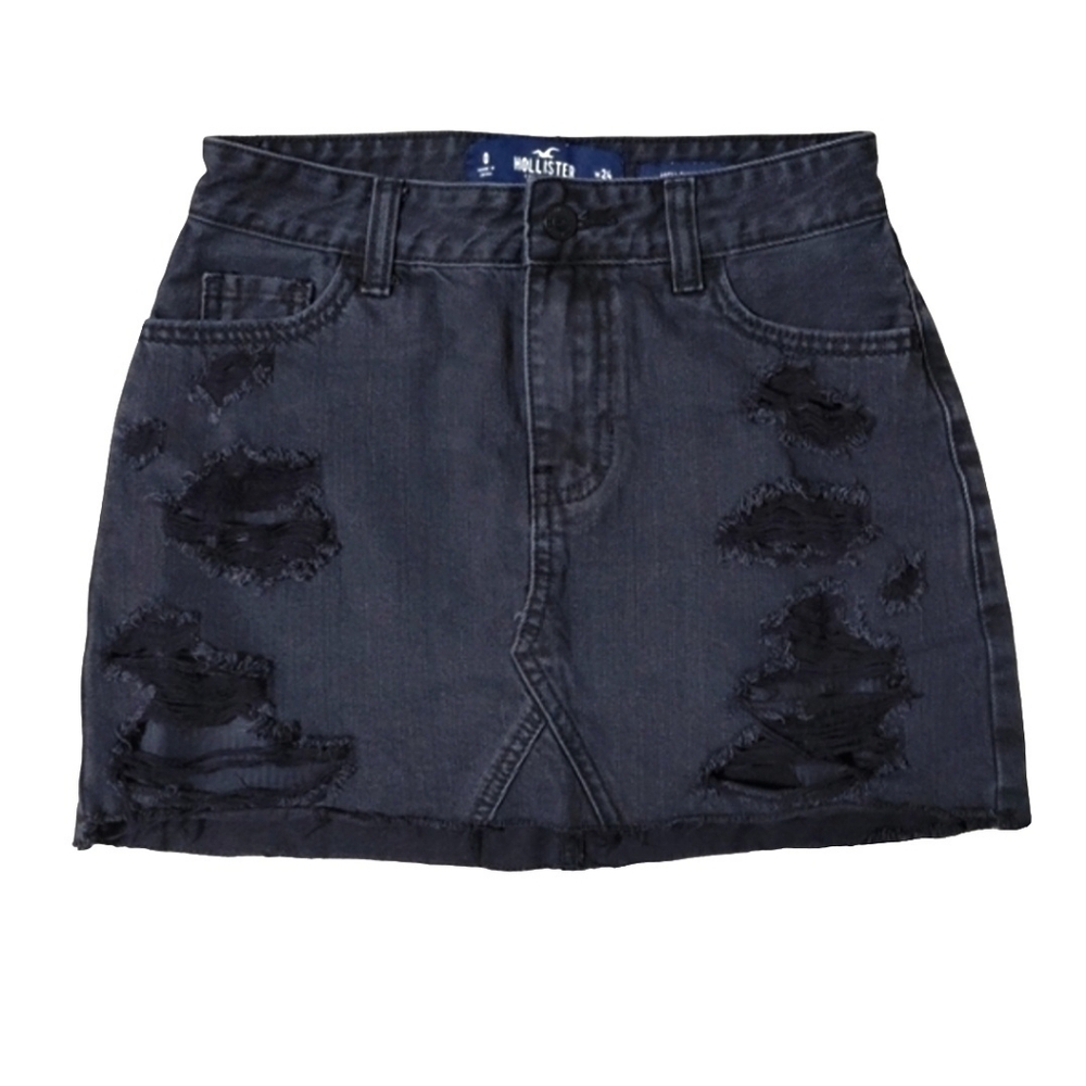 Hollister High Waist Distressed Denim Black Jean Mini Skirt Size 0/24W
